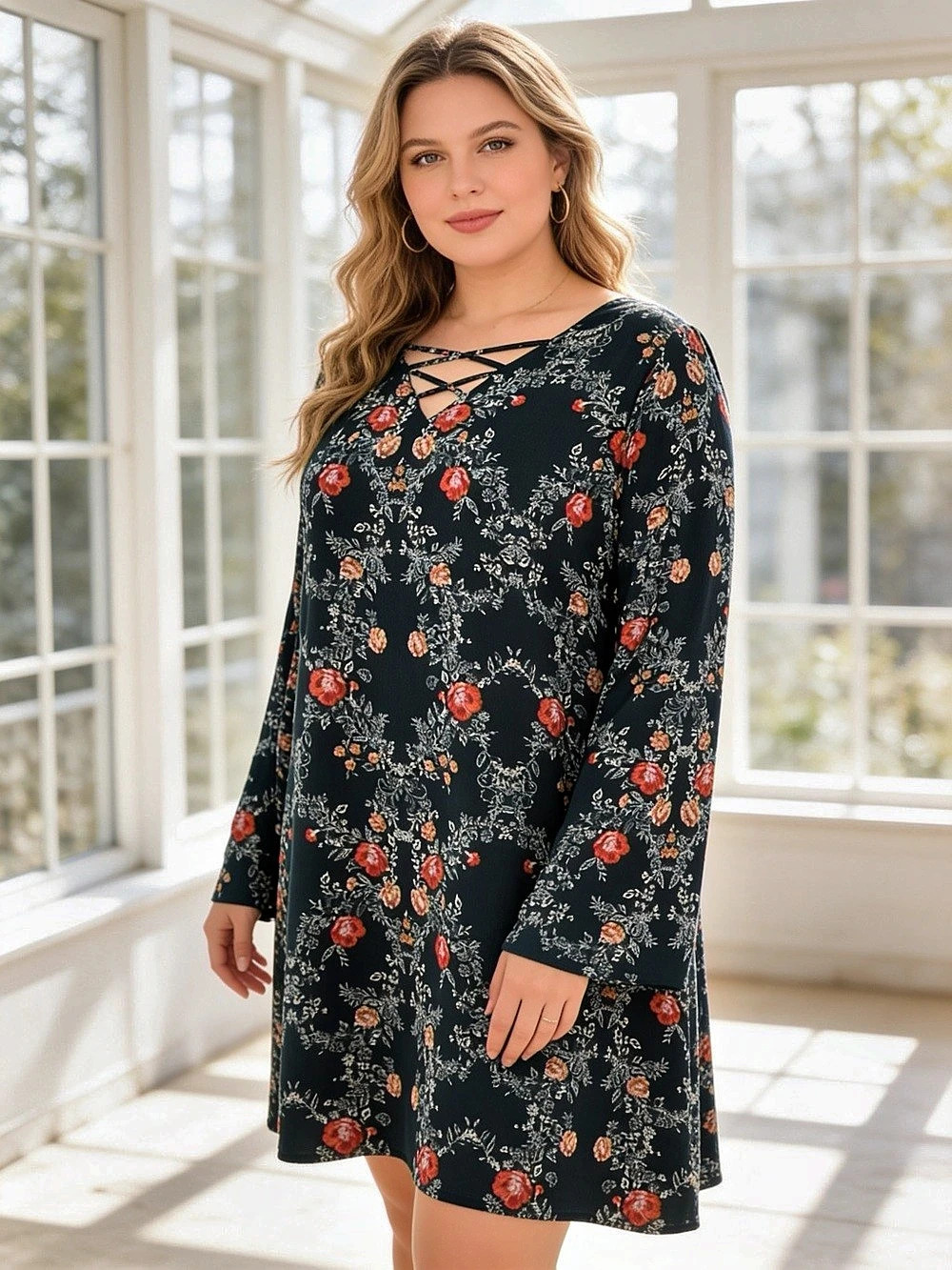 Xhilaration Floral Crisscross Mini Dress Green & Red XXL Like New